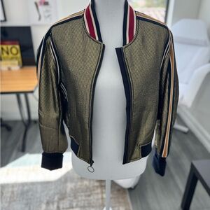 BCBGMaxAzria Metallic Gold Bomber Jacket with Navy & Red Trim